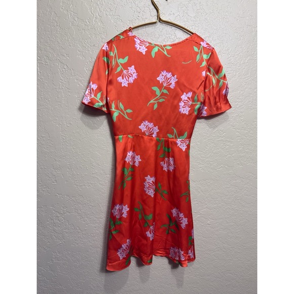 From Future Mini V Neck Flutter Sleeve Floral Print Dress Orange Silk US Size XS - Picture 5 of 7